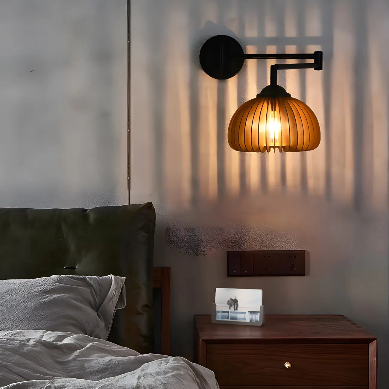 Black Metal Swing Arm Wall Light with Wood Shade