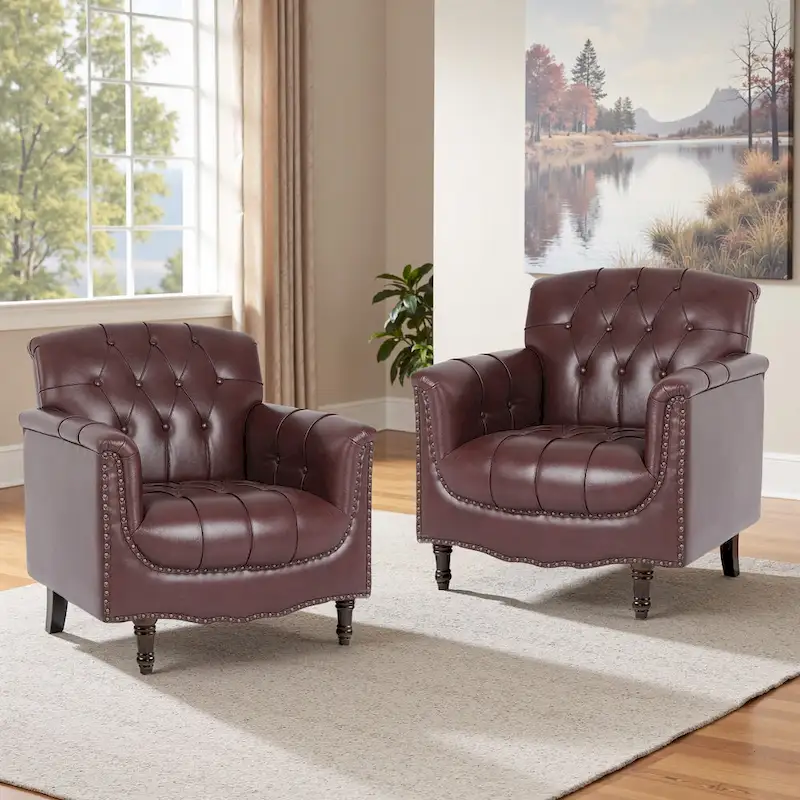 Tufted Vegan Leather Accent Chairs Set of 2, Armchair with Nailhead Trim
