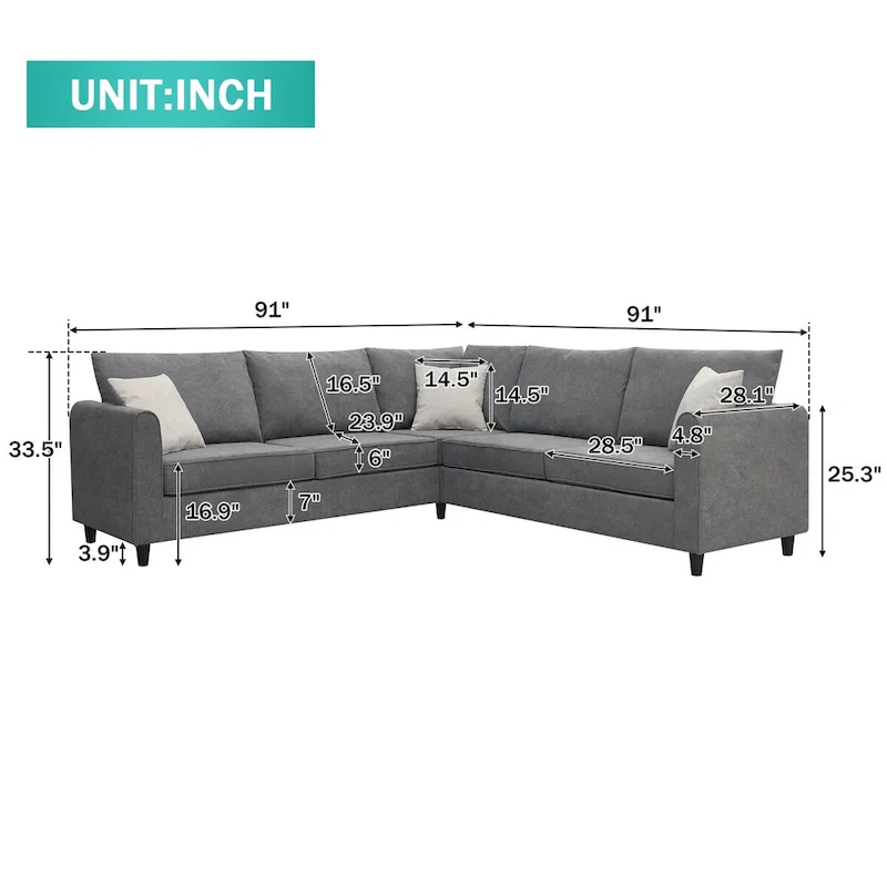 91-inch Modern L-shaped Upholstered Sectional Sofa with Three Pillows - 91W x 91D x 33.5H