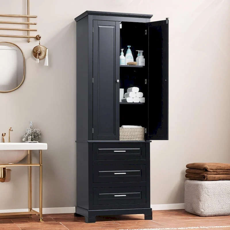 Freestanding Storage Cabinet with Two Doors, 3 Drawers, and Adjustable Shelves