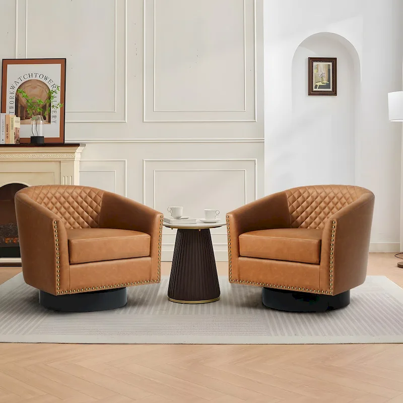 Faux Leather Nailheads Swivel Barrel Chair Set of 2
