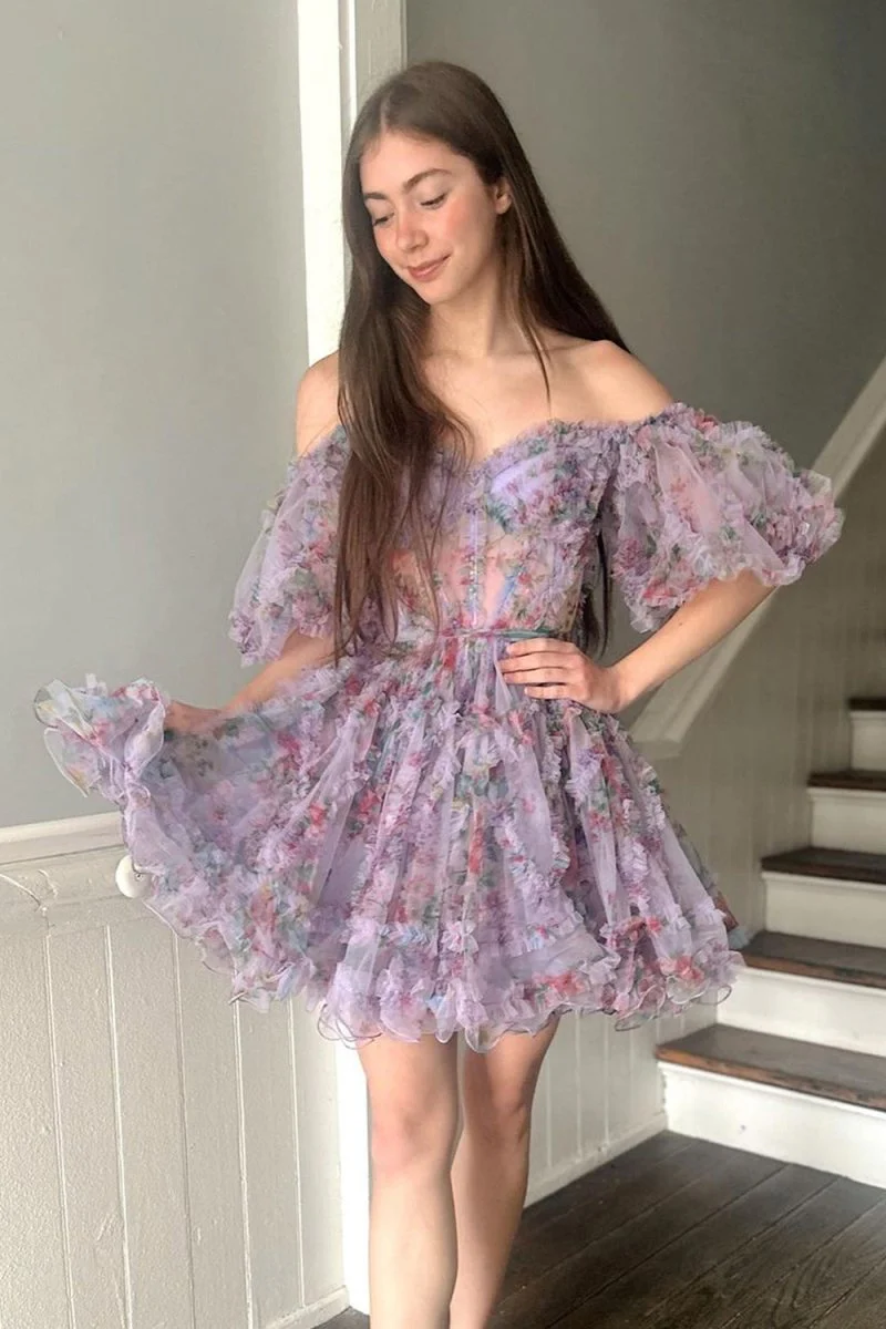 Light Purple A Line Off the Shoulder Printed Homecoming Dress