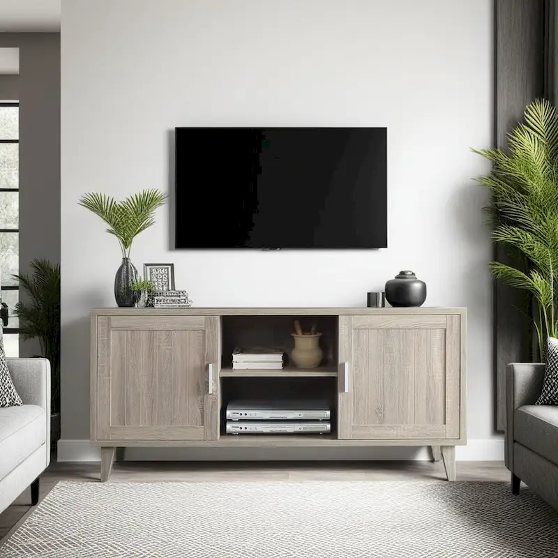 Stone Wash Grey / Classic Walnut MDF TV Stand Console with Panel Doors and Shelves – 60 in