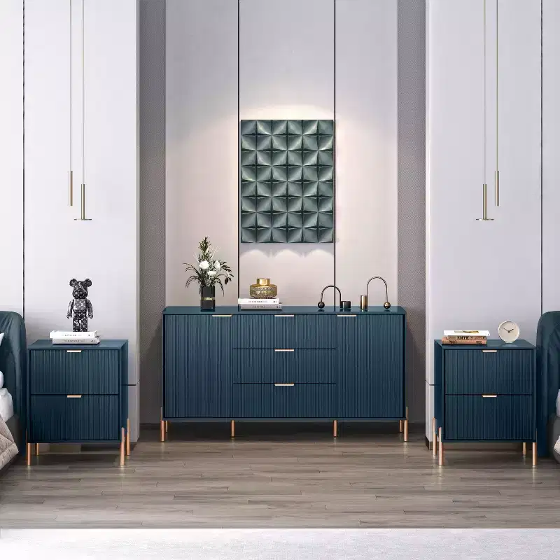 Festivo 3pc Modern Elegance 2 Drawer Nightstands and 3 Drawer Dresser Set Navy