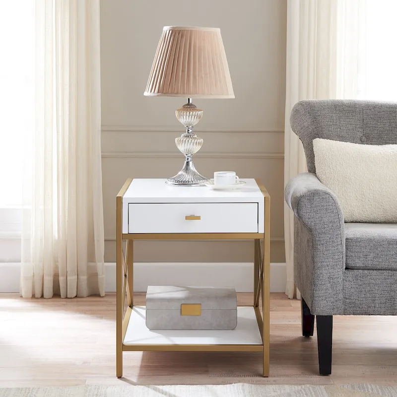 Claudette Mixed Metal and Wood Drawer End Table