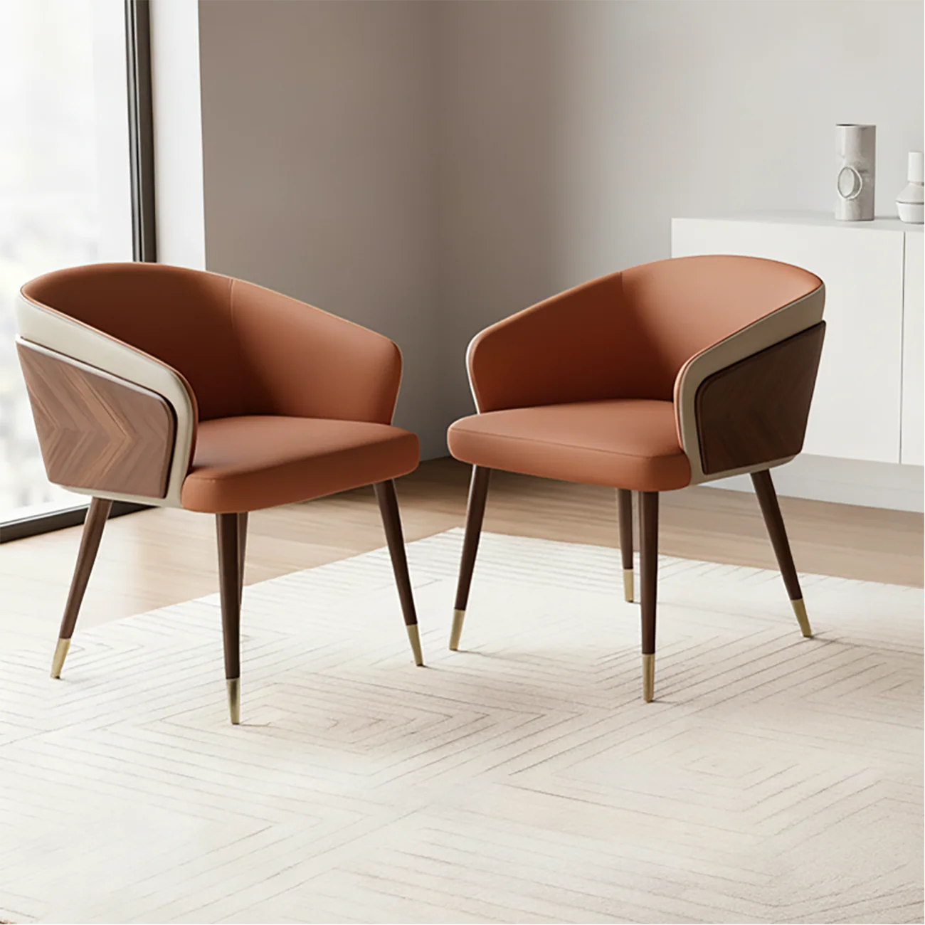 Modern Armrest Faux Leather Wood Dining Chair Low Back