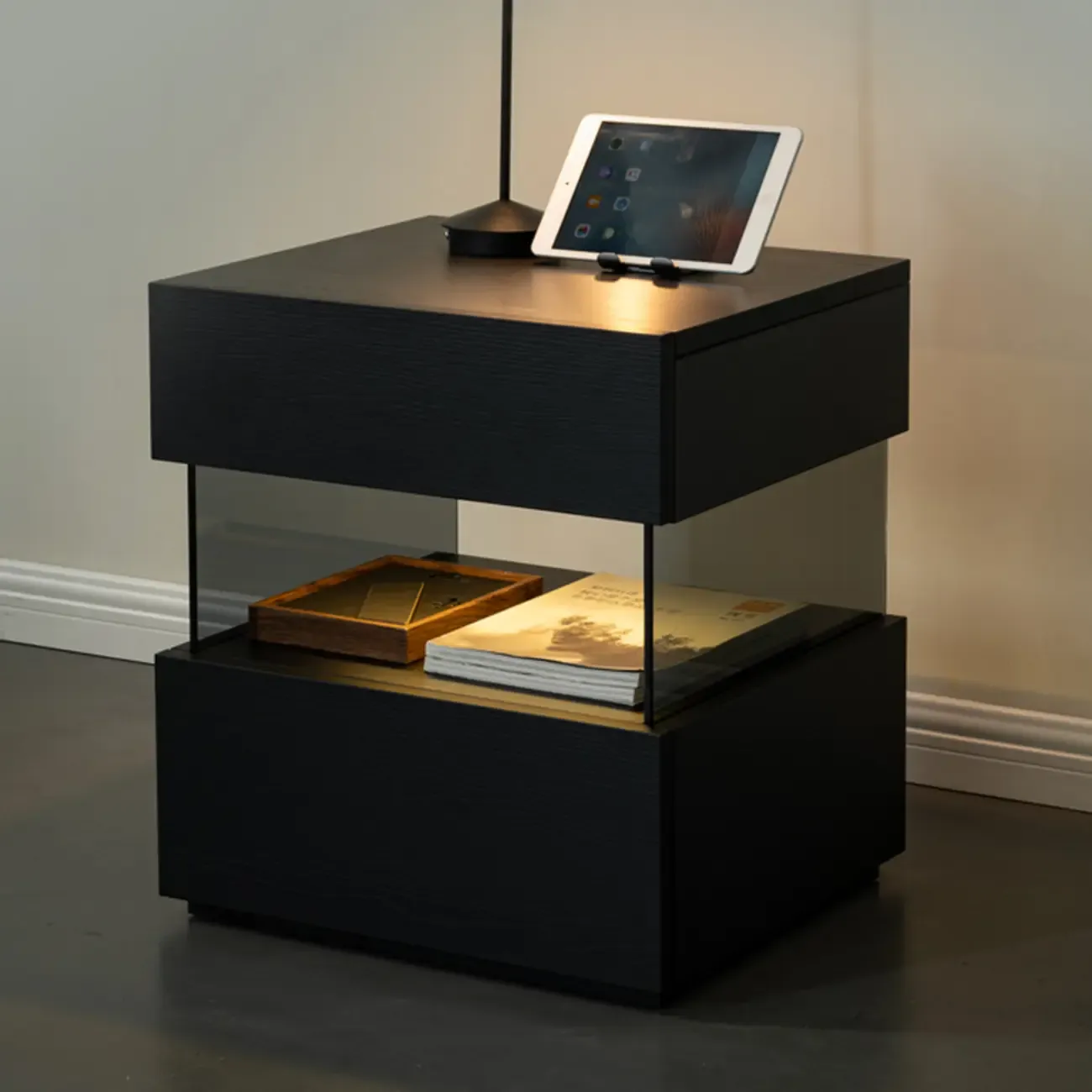 Modern Black Wood Low Drawer Storage Nightstand