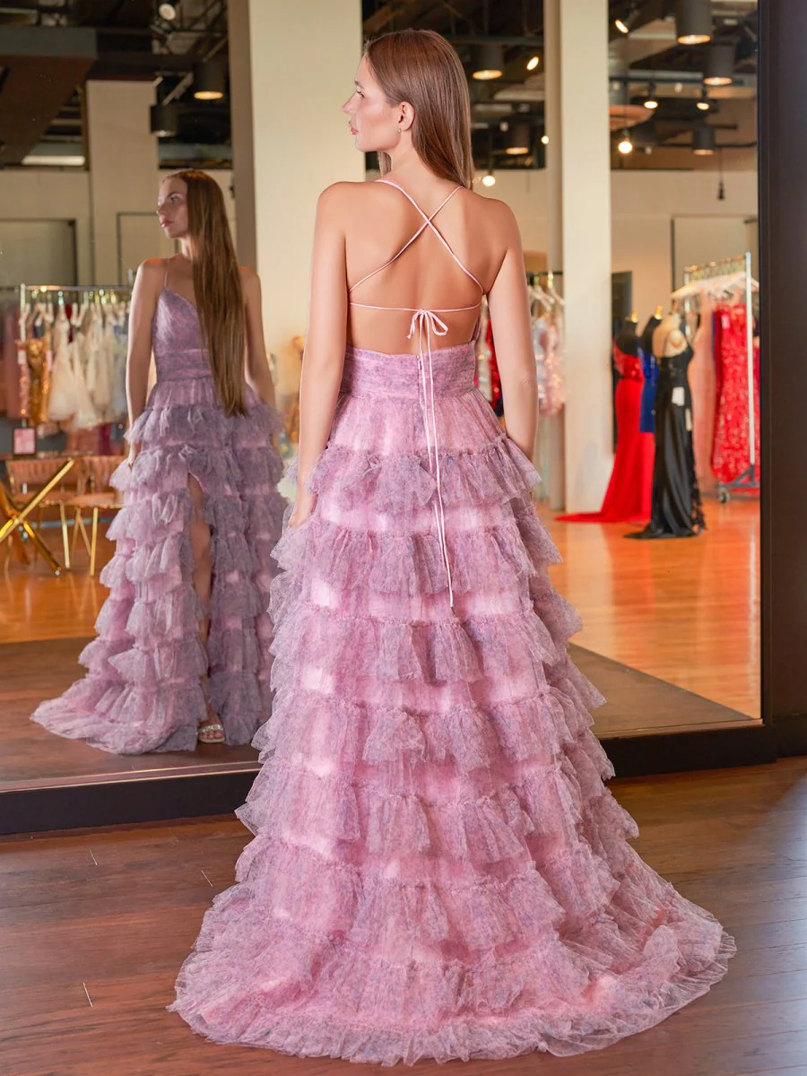 A Line Spaghetti Straps Printed Tulle Prom Dress with Ruffles