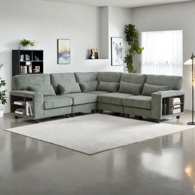 102.75  Corduroy L-Shaped Modular Sectional Sofa with Storage and Cup Holder