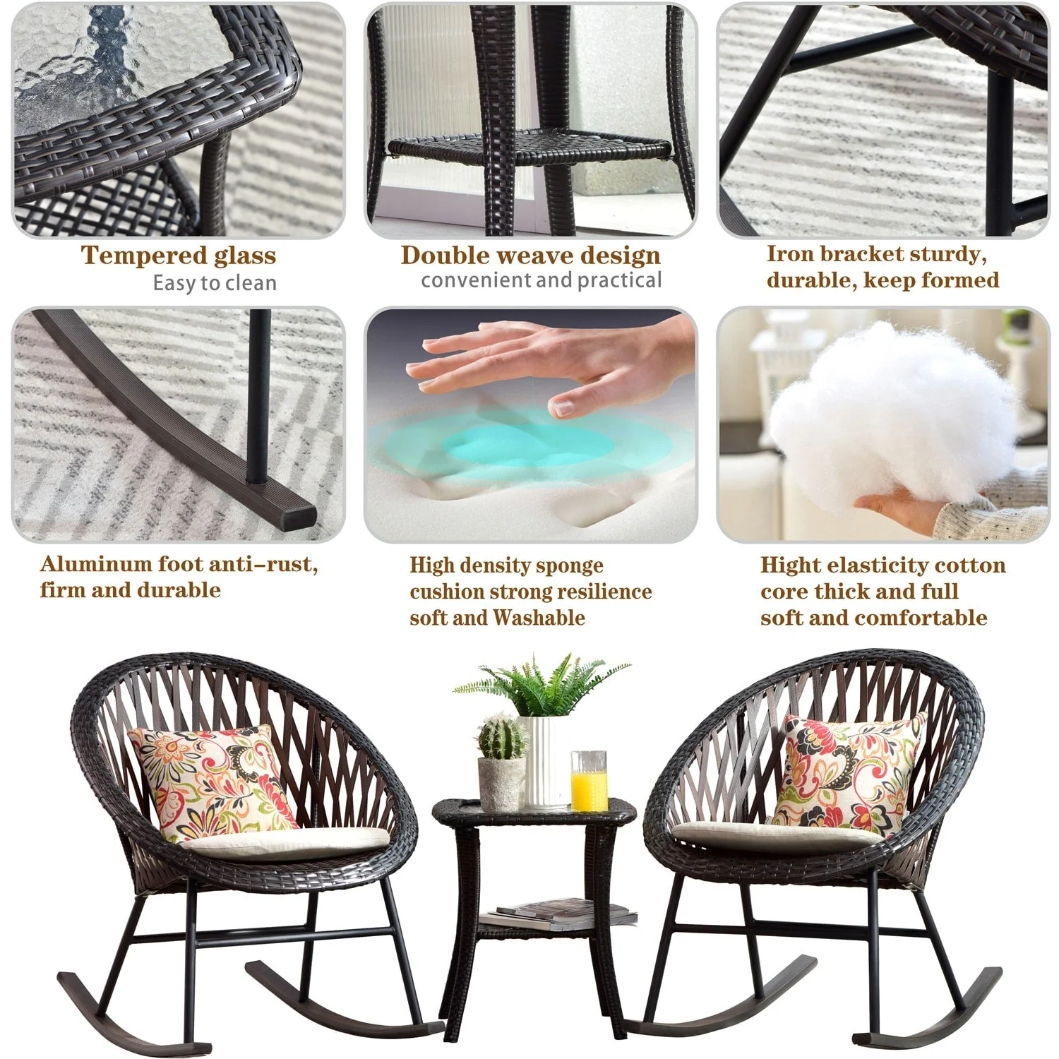 OVIOS 3-piece Patio Rocking Chair Bistro Set with Glass Coffee Table