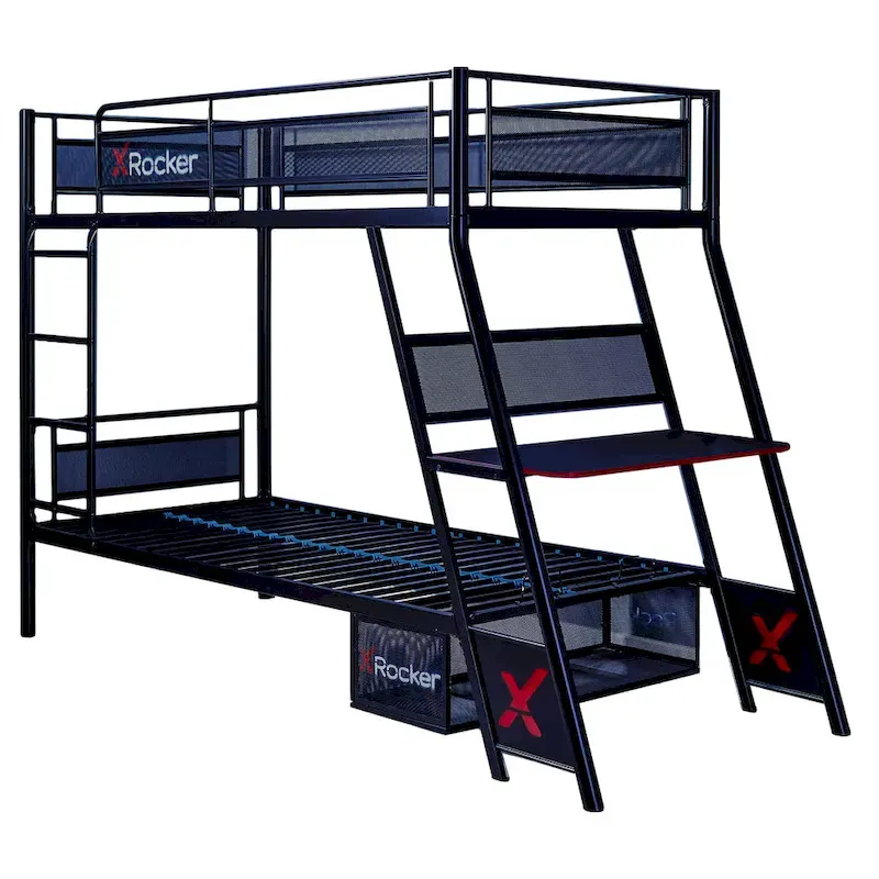 X Rocker Armada Twin Gaming Bunk Bed with Built-In Gaming Desk, Black