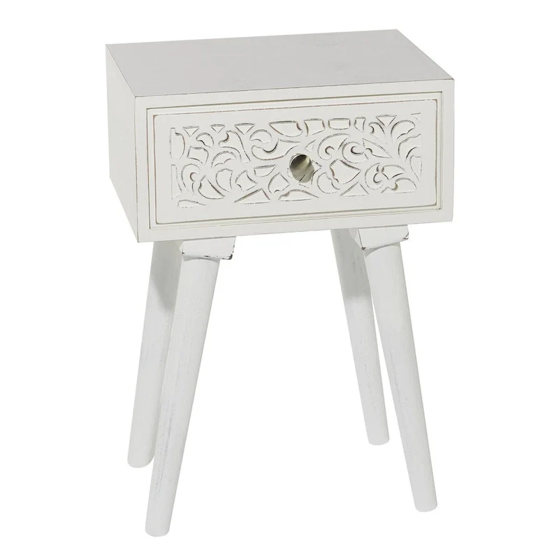 Mango Wood Scroll Intricately Carved Single Drawer Side End Accent Table - White - Roche River Decor