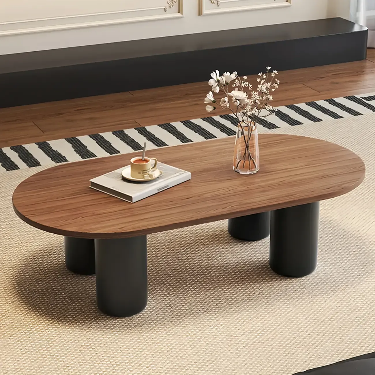 Living Room 4 Legs Simple Wood Stone Oval Coffee Table