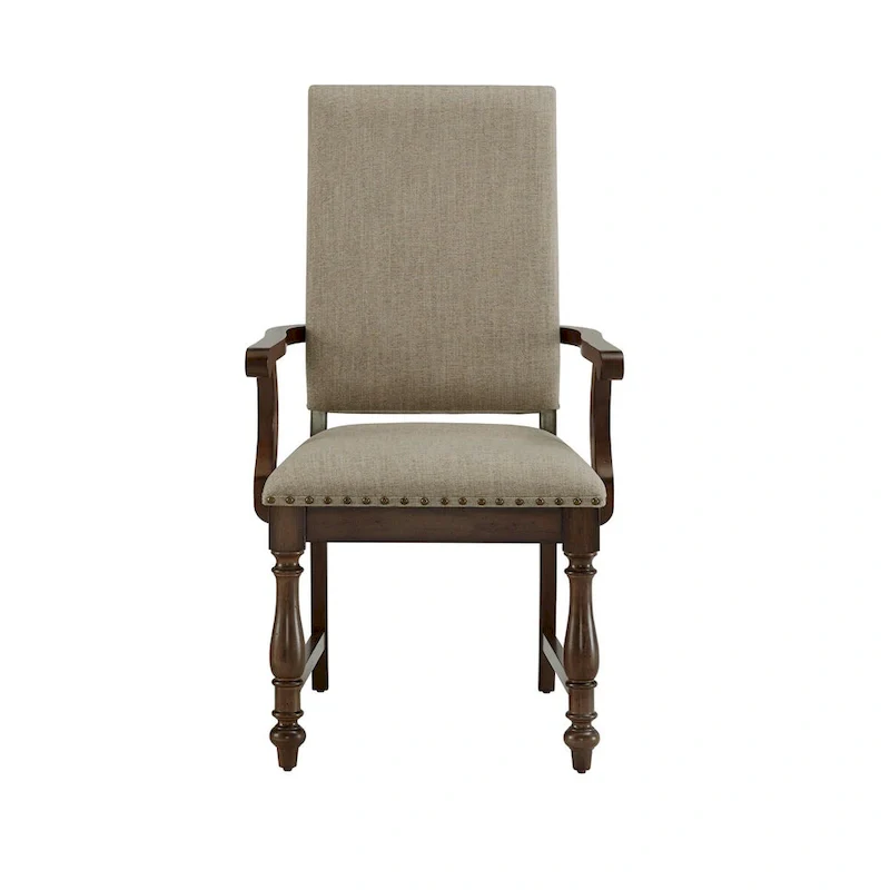 Tom 26 Inch Dining Armchair, Beige Polyester, Nailheads, Brown Solid Wood