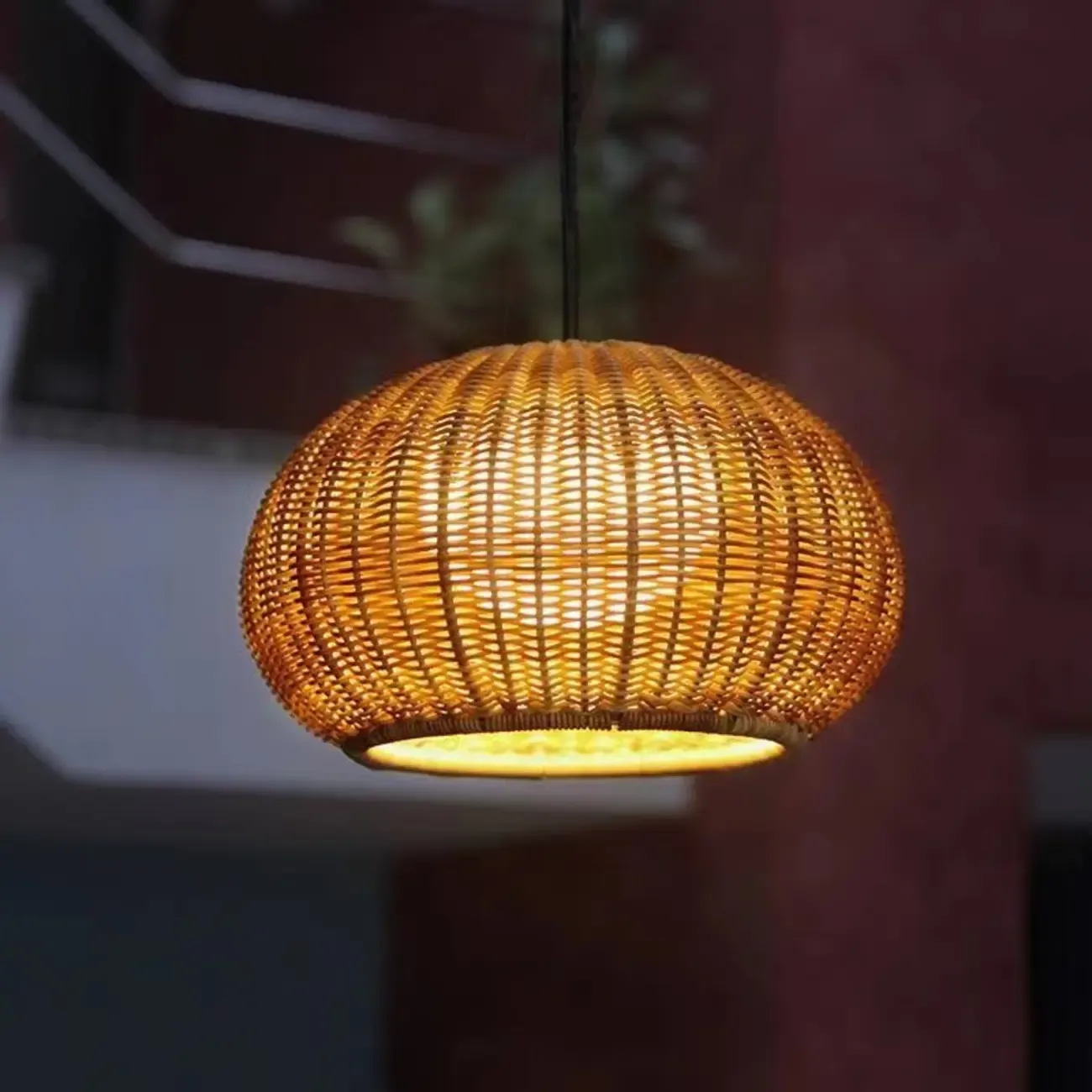 Oriental Brown Outdoor Rattan Pendant Lights in Drum Shape