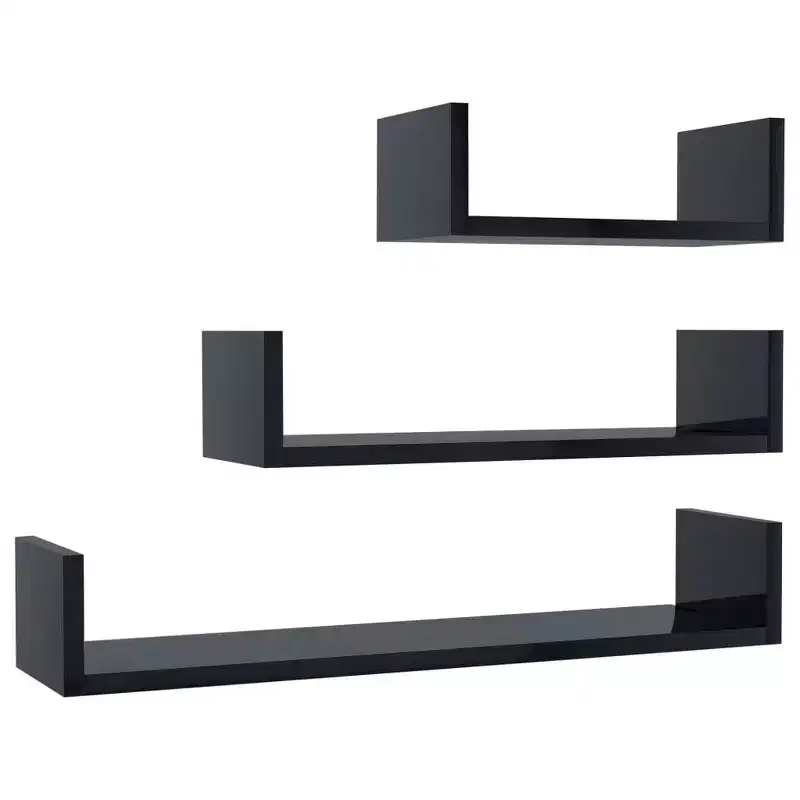 vidaXL Shelf Set of 3 Black Engineered wood Large Wall-mounted