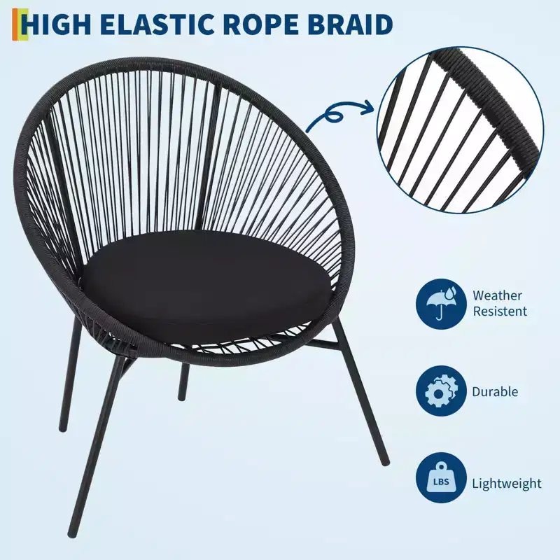 3-Piece Outdoor Rattan Bistro Set with 2 Cushioned Chairs & Tempered Glass Table, Weather-Resistant PE Wicker Patio Furniture for Porch, Garden