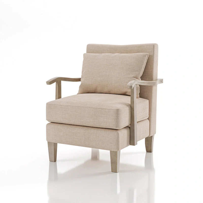 Contemporary Beige Fabric Vinyl Accent Chair with Loose Back Pillow