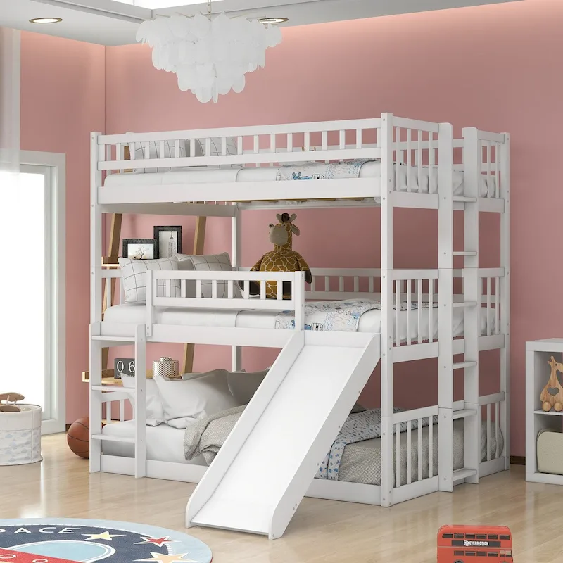 White Full-over-Full-over-Full Triple Bunk Bed with Slide, Sleeps 3