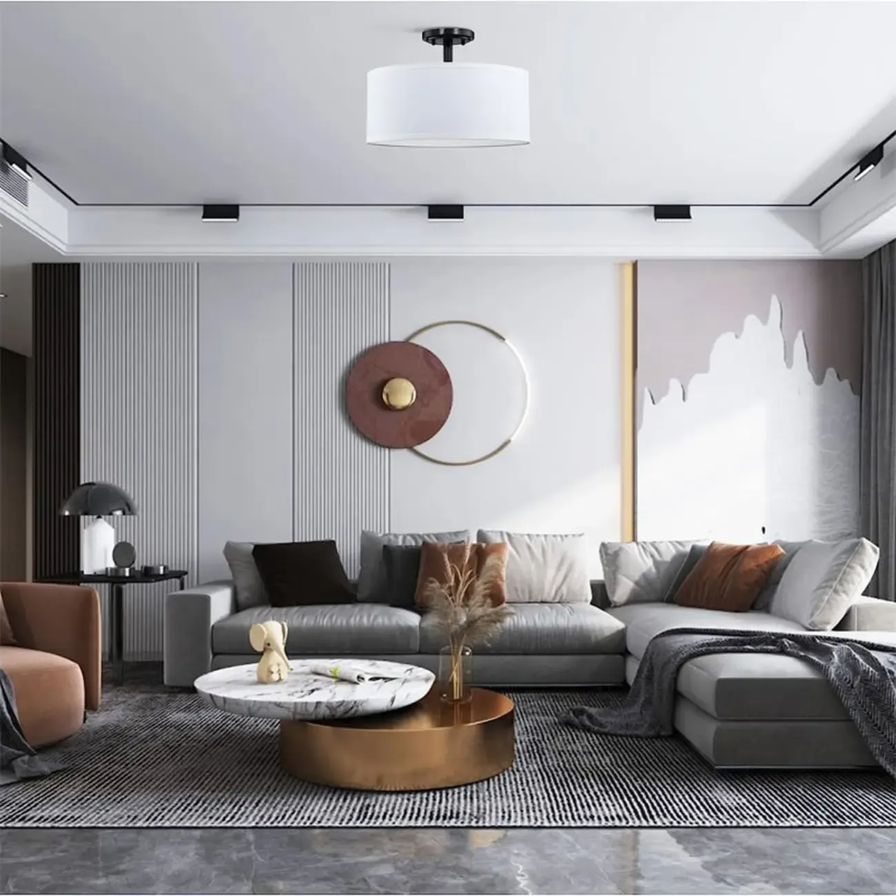 Cylinder Fabric LED Semi Flush Ceiling Light for Living Room