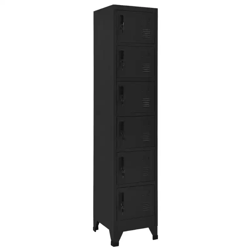 vidaXL Modern Steel Locker Cabinet with 6 Lockable Doors and Air Vents - Black - 15 x 15.7 x 70.9