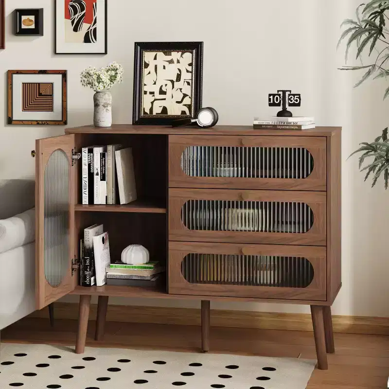 Vintage Accent Storage Cabinet with Glass Door, Solid Wood Legs, Small Accent Sideboard for Living Room, Entryway, or Hallway-Panipeachy