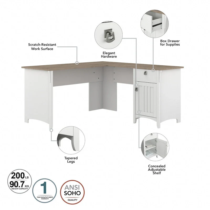 Salinas 60W L Desk with Hutch, Cabinet and Bookcase by Bush Furniture