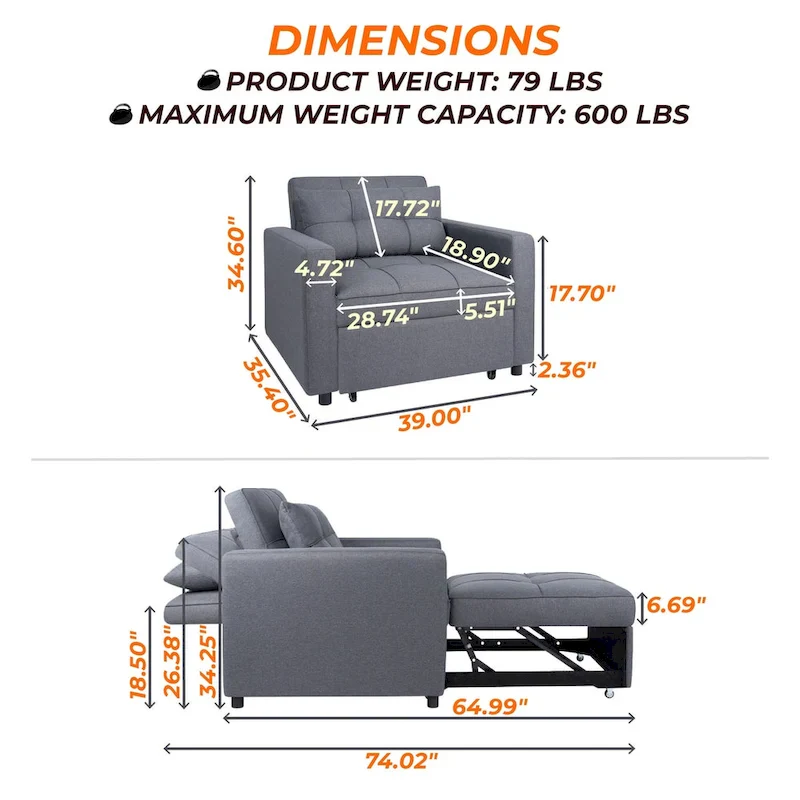 3-in-1 Convertible Recliner Chair Bed with Foldable Lounge