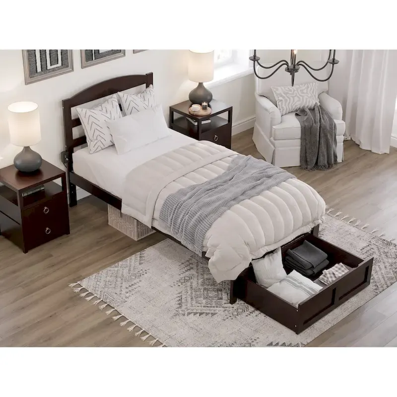 Platform Bed with Foot Drawer & Charging Station – White / Walnut / Grey / Espresso, Twin / Full / Queen