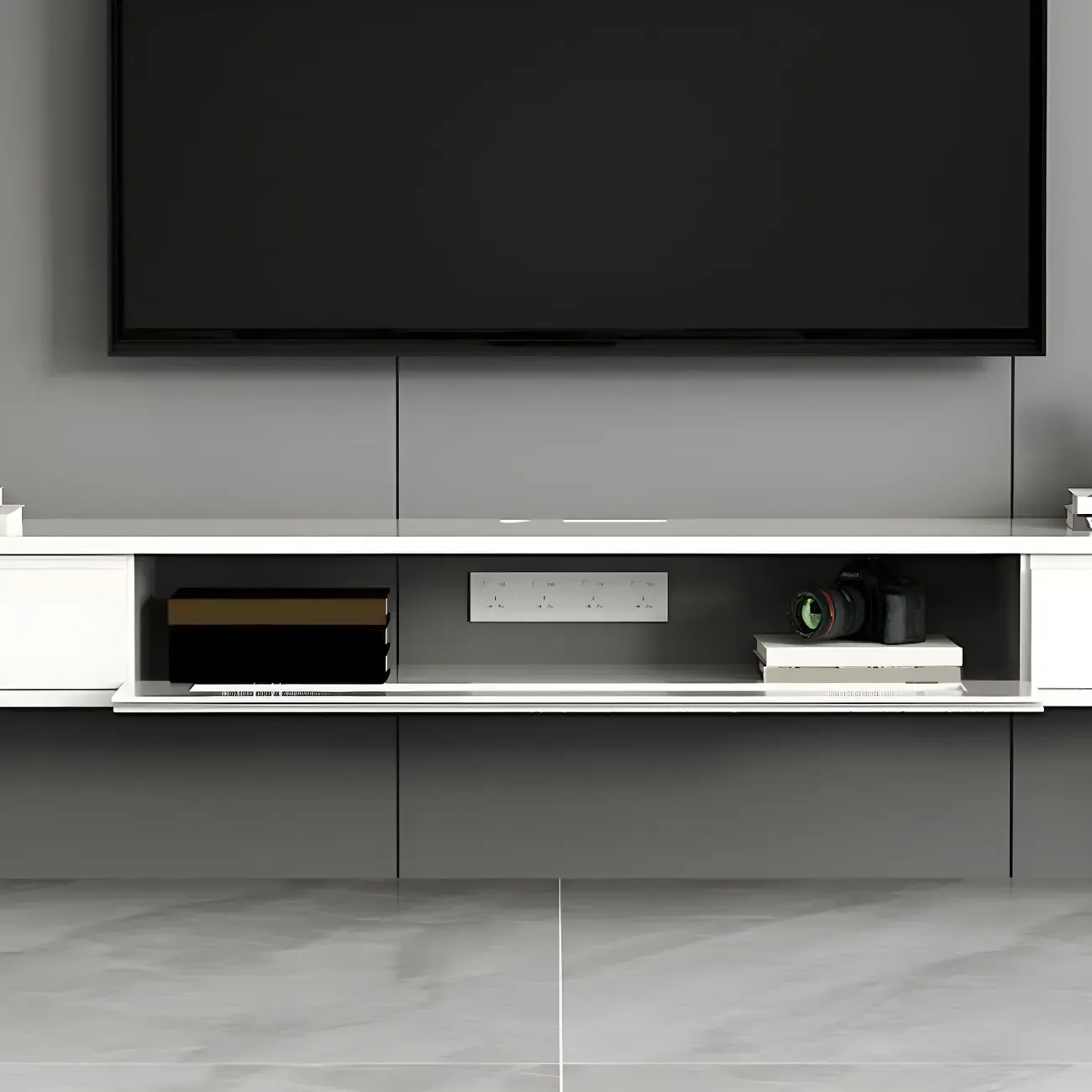 White Floating Mount Wood Drawers Cabinet TV Stand