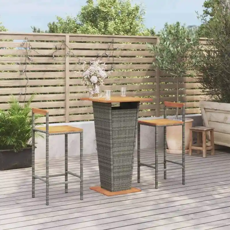 vidaXL 3 Piece Patio Bar Set Black Poly Rattan&Solid Wood Acacia - 15.7 x 17.3 x 39.4