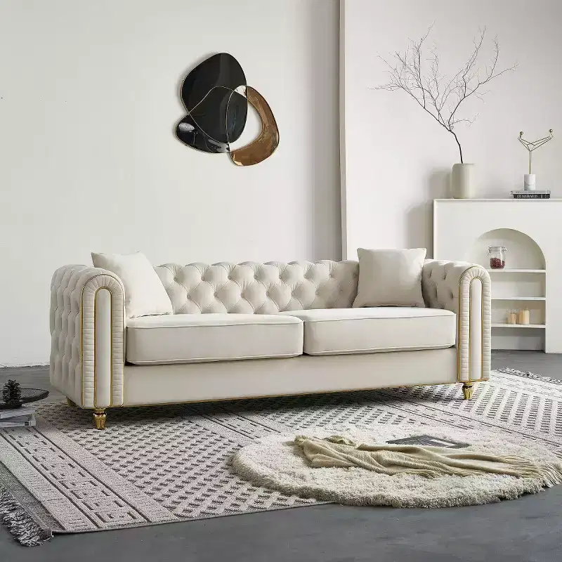 86 Luxury Modern Tufted Chesterfield Sofa, 3-Seater Couch with Rolled Arms and Gold Trim for Living Room, Bedroom, or Apartment-Panipeachy