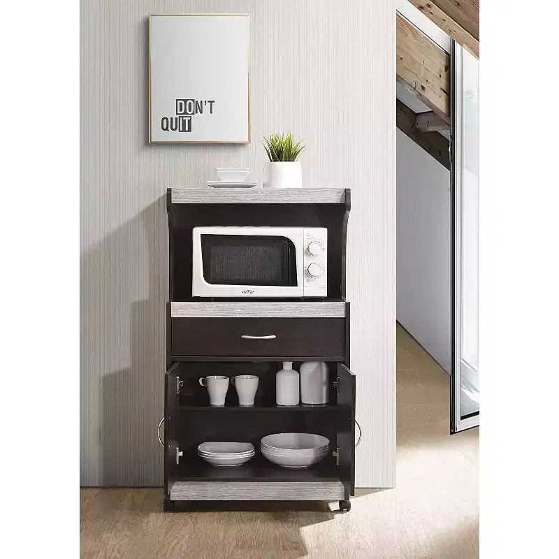 Hodedah Wheeled Kitchen Island Microwave Cart with Pull-Out Drawer and Cabinet Storage, Chocolate Grey