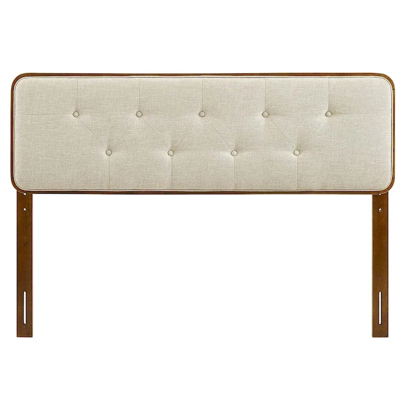Glendale Traditional Beige Fabric Button Tufted Queen Size Walnut Wooden Headboard