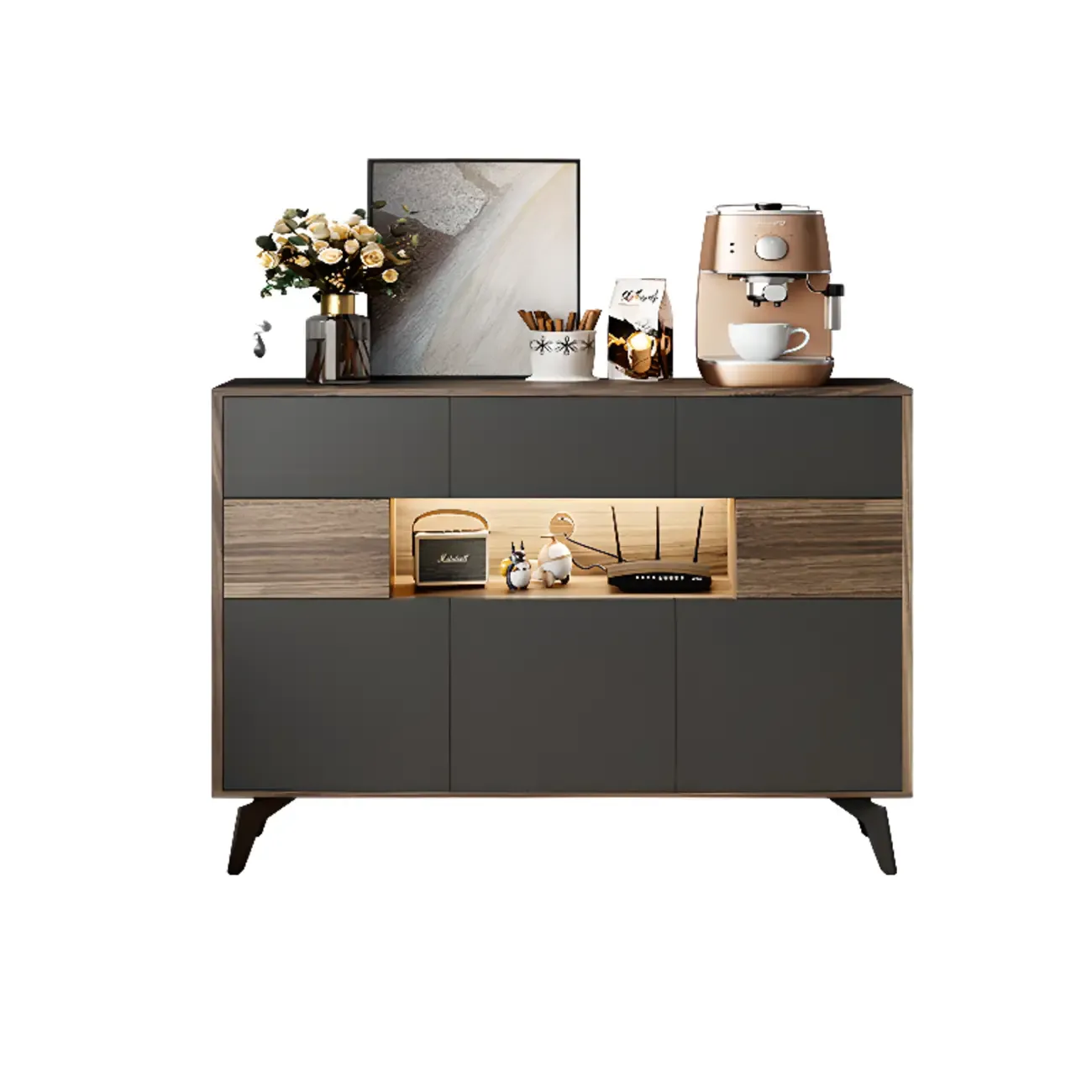 63 Black Wood Cabinet TV Stand with Open Shelving and Lights