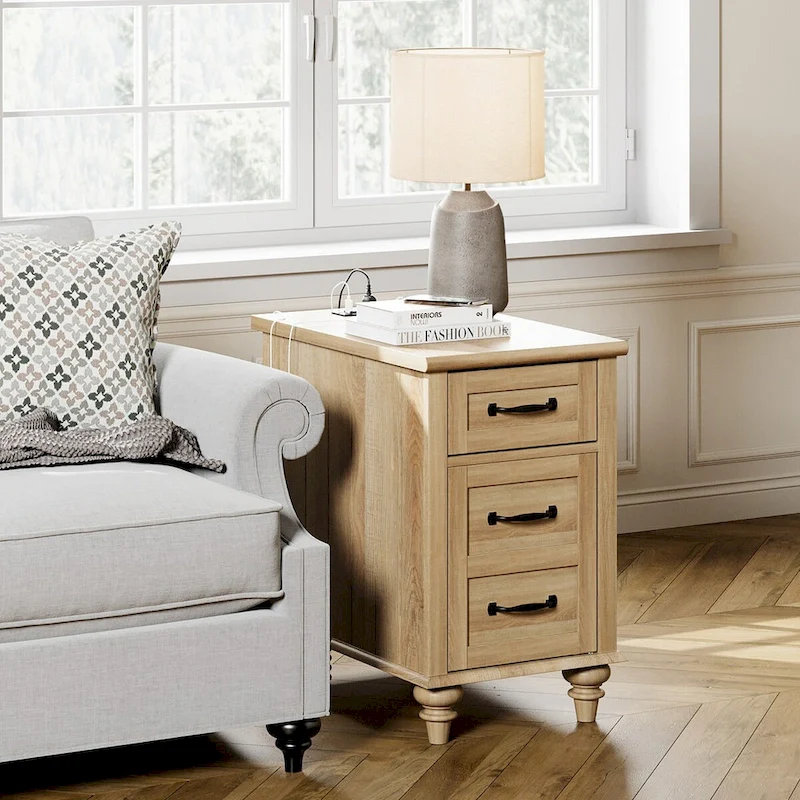 Oak Modern End Table with Charging Station & Cabinet Door - Set of 2