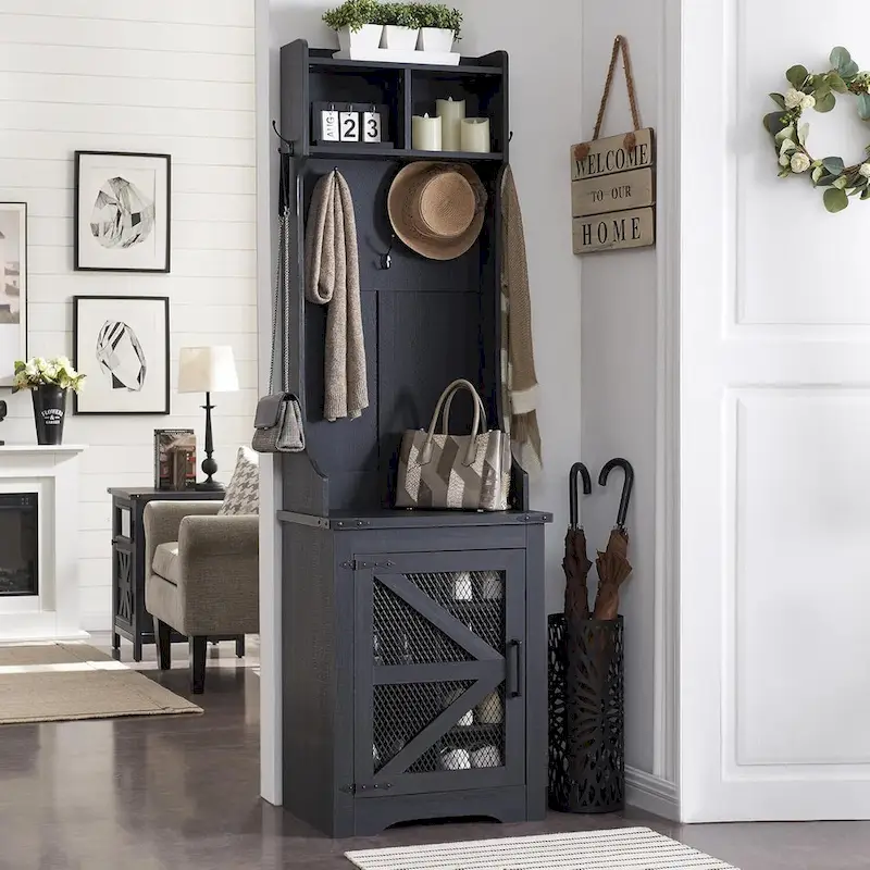 23 Wide Farmhouse Entryway Bench with Coat Rack, Hall Tree Cabinet