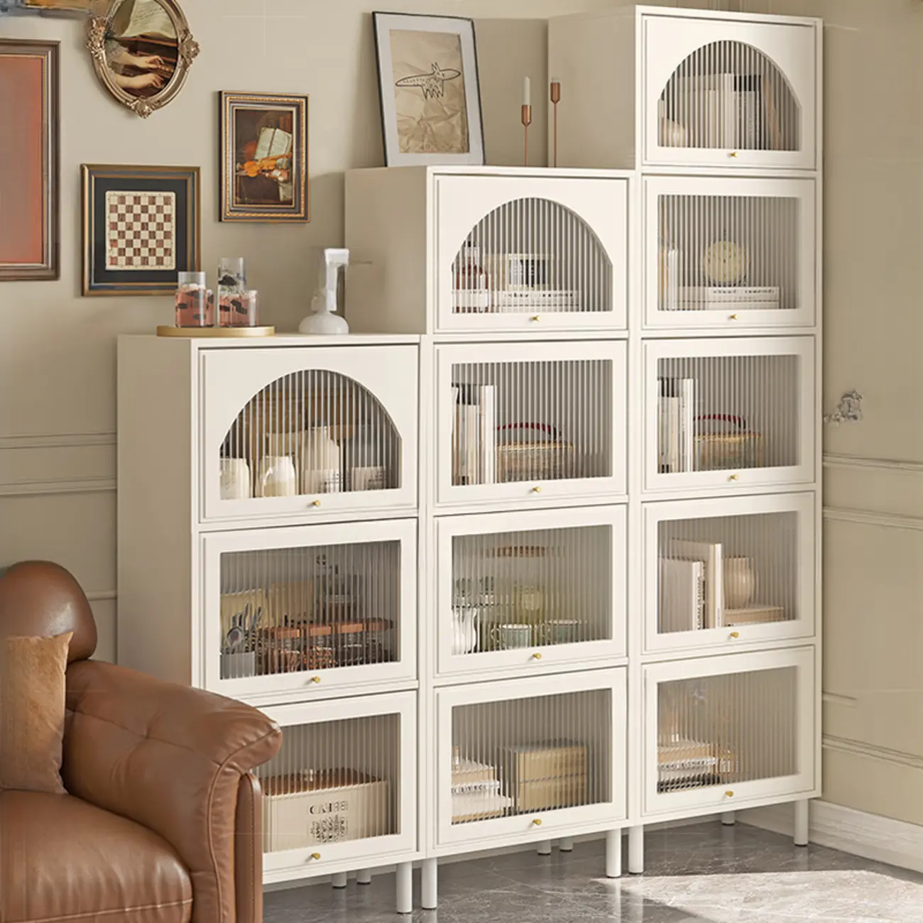 3-5 Shelves White Glass Display Cabinet with Flip Cover