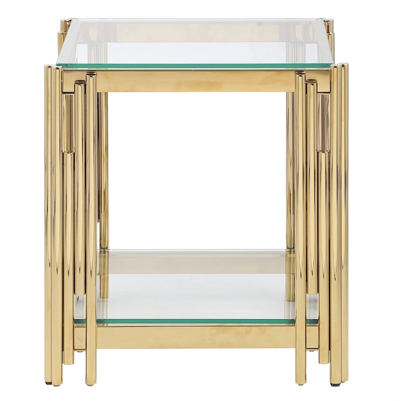 Woker Furniture 20 Wide Square End Table with Glass Top, Golden Stainless Steel Tempered Glass Coffee Table