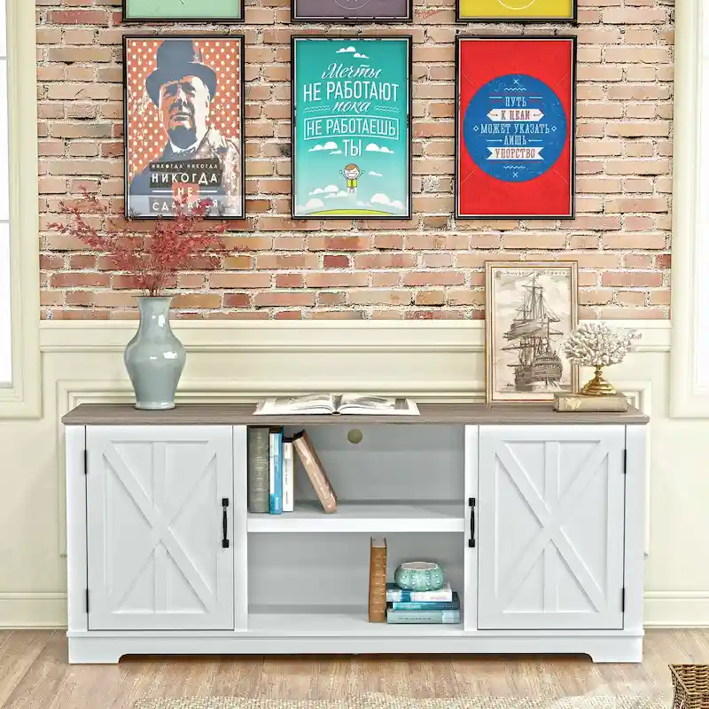 Farmhouse TV Stand Console with Swing Doors & Cable Management – Grayish-White / Navy / Grey – Fits TVs up to 75