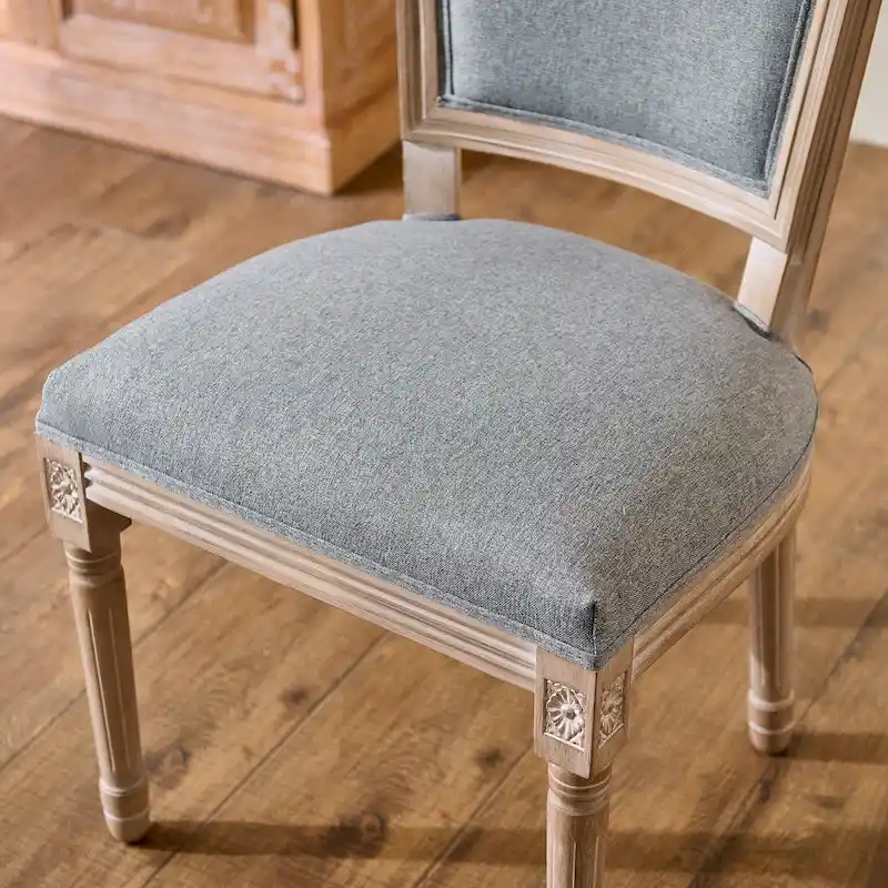 Set of 2 French Side Chairs with Carved Wood Legs & Linen Upholstery