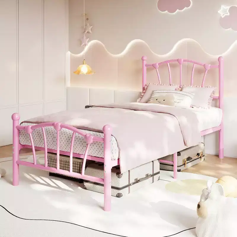 Twin XL Heart Shaped Metal Bed Frame  Pink Platform Bed with Headboard & Footboard, Sturdy Slats, Underbed Storage, No Box Spring Needed