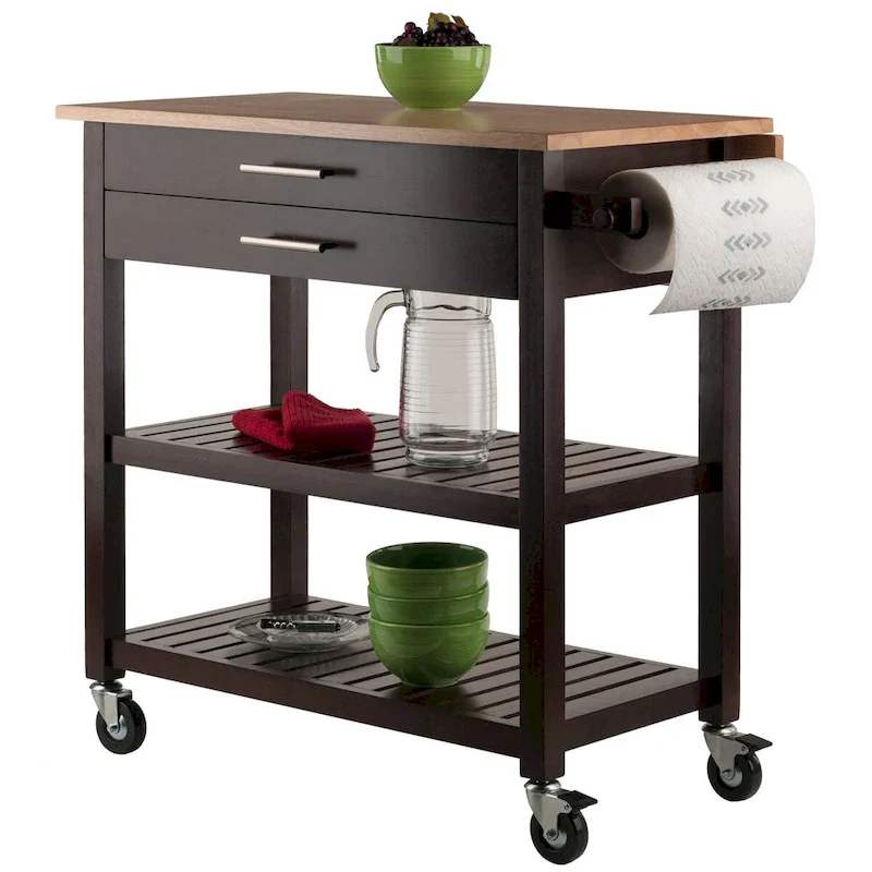 Langdon Kitchen Cart, Drop Leaf, Cappuccino and Natural - 36.57 x 26.42 x 34.45 inches