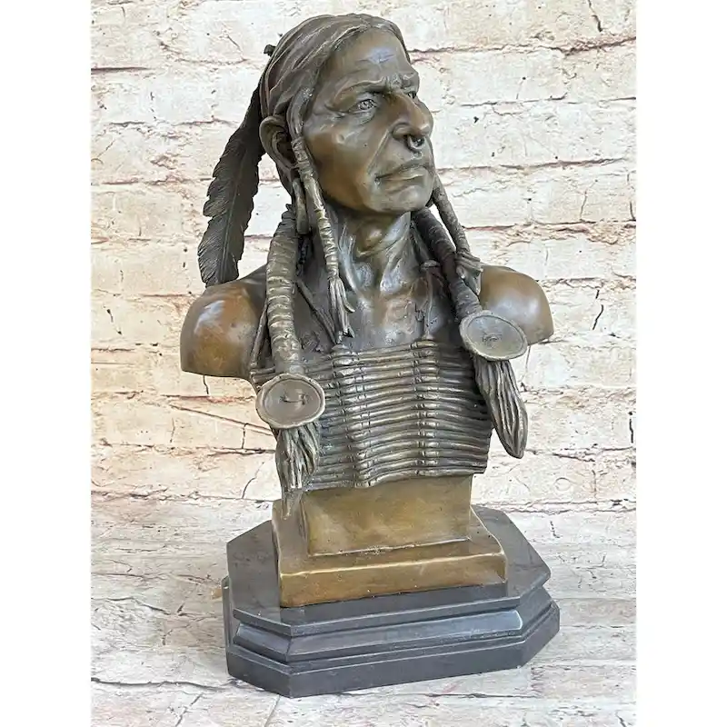 Native American Warrior Chief Bronze Bust Sculpture Art Statue Figure Figurine