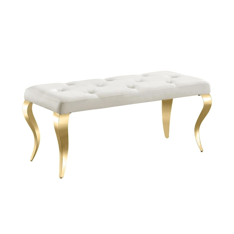 Luxury Velvet Bench Button Tufted Upholstered Dining Bench with Polished Metal Legs