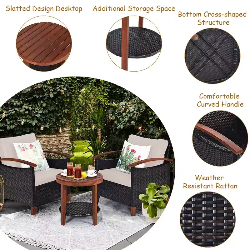 Costway 3PCS Patio Rattan Furniture Set Wooden Frame Cushion Table Shelf Red\Beige\Blue