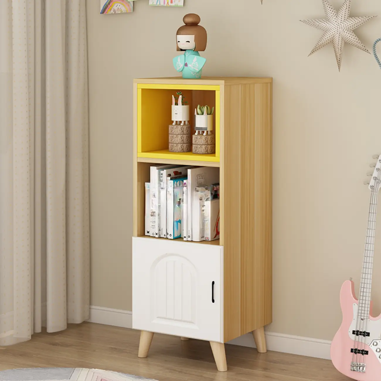 Wood 3-Tier White and Yellow Cube Bookcase with Cabinet