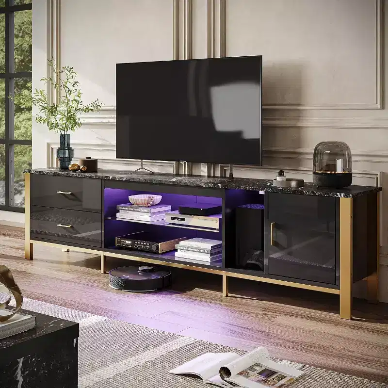 Bestier Modern 80''LED TV Stand for TVs up to 90with Adjustable Tempered Glass Shelf, Entertainment Center with Storage Cabinet with Door & Drawers