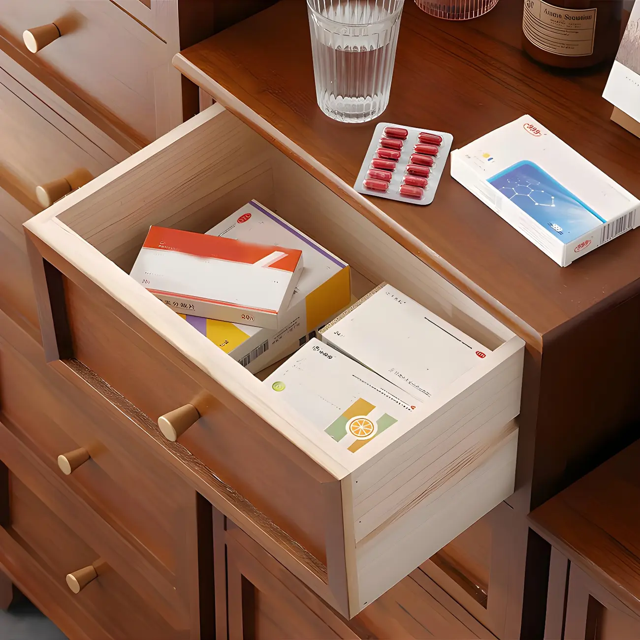 Industrial Rectangular Brown Wooden Drawer Cabinet