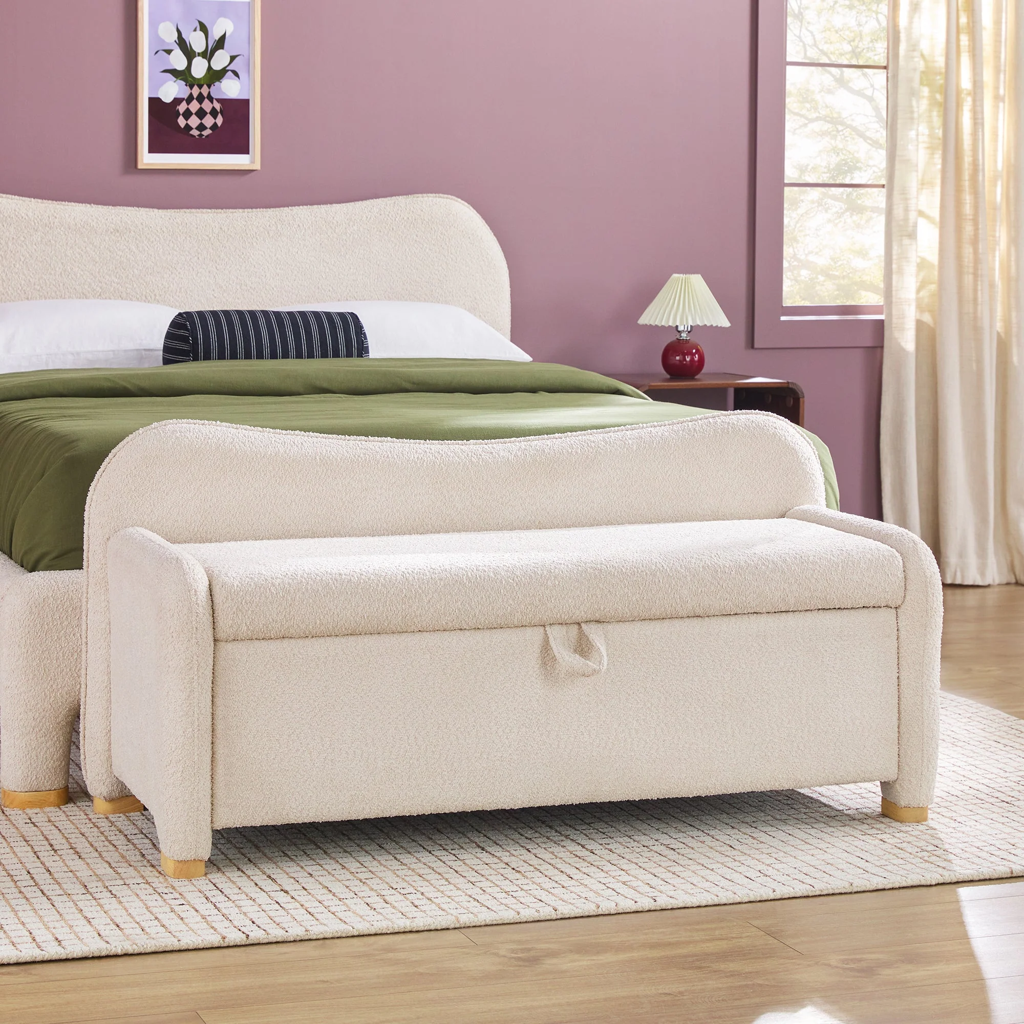Chantelle Modern Curve Boucle Upholstered Bench with Storage